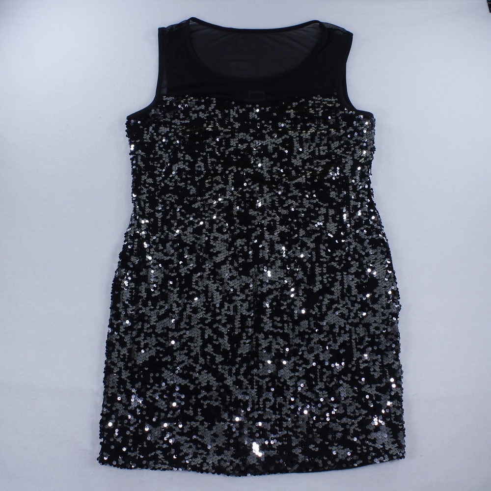 DEB Women Plus Size 2X Black Sequin Shift Dress Mesh Illusion Neckline NYE Party